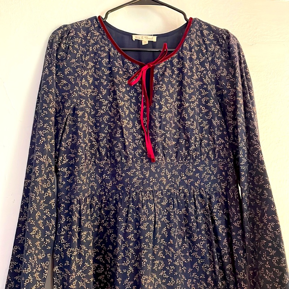 Long Sleeve Floral Midi Dress w/ Velvet Tie